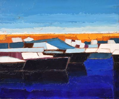 une peinture à l'huile représentant des bateaux dans un port par une journée ensoleillée