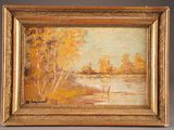 a painting of a landscape with trees and water in a gold frame