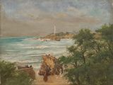 painting of a view of a beach with a lighthouse in the distance