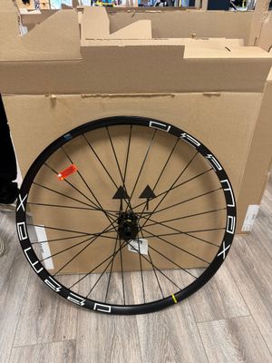 a bicycle wheel that is sitting on the floor