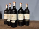 six bottles of wine are lined up on a wooden table