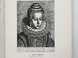 an open book with a drawing of a woman in a dress