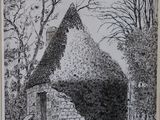 drawing of a stone building with a steeple on the top of it