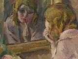 un tableau représentant une femme en train de se brosser les dents devant un miroir