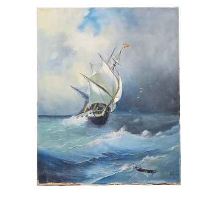une peinture à l'huile représentant un voilier sur une mer agitée, avec un homme en kayak à l'arrière-plan
