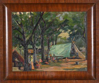 an oil painting of a group of people standing in a forest