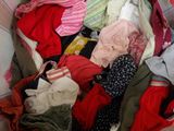 a box full of clothes that is sitting on the floor