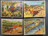 four paintings of people working in a factory and a man working in a factory