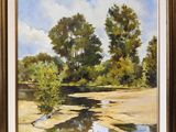 an oil painting of a river with trees in the background