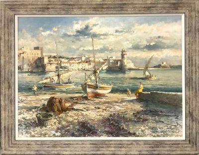 une peinture représentant une scène portuaire avec des bateaux dans l'eau