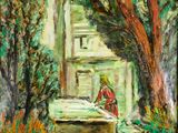 une peinture représentant une femme assise sur un banc dans un parc