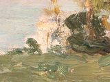 an oil painting of a tree in a field with a body of water in the background