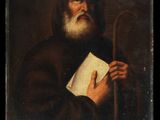 a painting of an old man holding a book and a cane