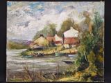 a painting of a boat on the water near a village