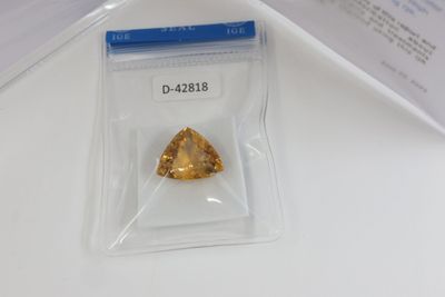 une photo d'un diamant jaune dans un sac en plastique posé sur une table