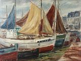 peinture de bateaux amarrés dans un port avec des bâtiments en arrière-plan