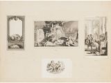 a set of four drawings of various scenes in a room