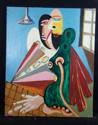 un tableau représentant un homme avec un oiseau sur l'épaule