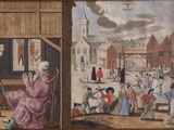 a painting of a woman sitting in a chair in front of a painting of people