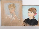 two paintings of a boy and a girl on a white background