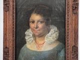 portrait of a woman in a blue dress with a white ruffled collar