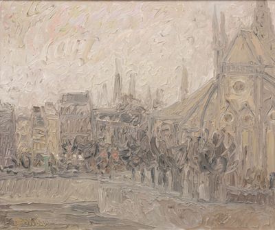Simone GAMBUS (1928-2015) Ville au bord d'un fleuve