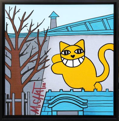 painting of a yellow cat on a fence with a tree in the background