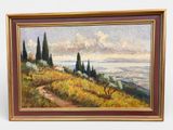 an oil painting of a landscape with trees and a path