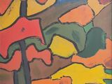 abstract painting of a tree in a field with orange, yellow, green, and red colors