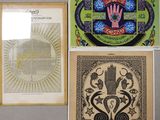 three framed pictures of religious art hanging on a wall in a room