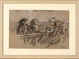 drawing of a group of people sitting at a table with drinks