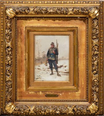 un tableau représentant un homme tenant un fusil dans un paysage enneigé