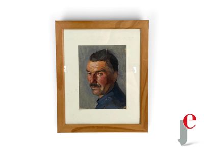 une peinture à l'huile représentant un homme moustachu, dans un cadre en bois