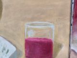 a painting of a sandwich and a glass of juice
