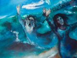 un tableau représentant deux personnes dans l'eau avec une planche de surf