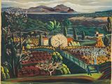 an image of a painting of a landscape with mountains in the background