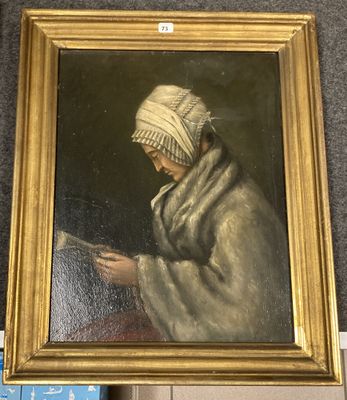une peinture à l'huile représentant une femme en train de lire un livre, dans un cadre doré