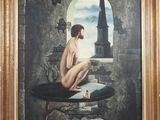 tableau représentant une femme nue assise sur un rebord, avec un château en arrière-plan