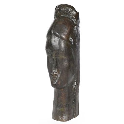 sculpture of a woman ' s head on a stand on a white background