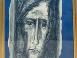 painting of a woman ' s face in a gold frame on a blue background