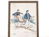 une photo d'un tableau représentant deux hommes à vélo