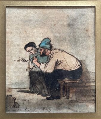 tableau représentant un homme et une femme assis sur un banc, regardant quelque chose