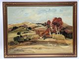an oil painting of a landscape with trees in the foreground