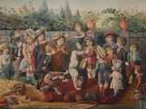 a painting of a group of children playing in a yard
