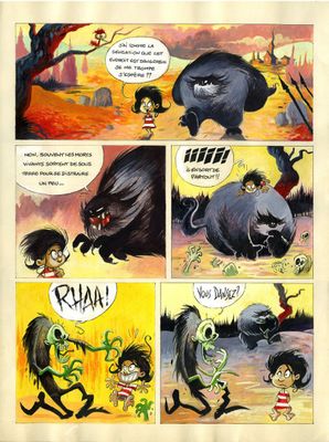 une image tirée d'une bande dessinée représentant un garçon et une fille combattant un monstre