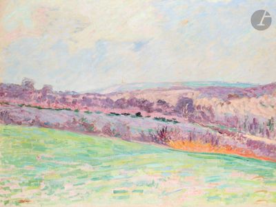 an image of a painting of a green field with trees in the distance
