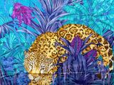 un tableau représentant un léopard dans la jungle, entouré de végétation