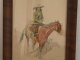tableau représentant un cow-boy à cheval, dans un cadre en bois