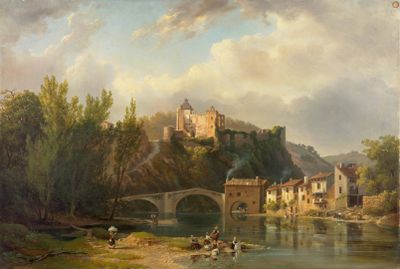 un tableau représentant un château situé sur une colline surplombant une rivière