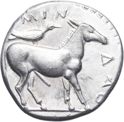 an image of a silver coin with a horse and birds on it